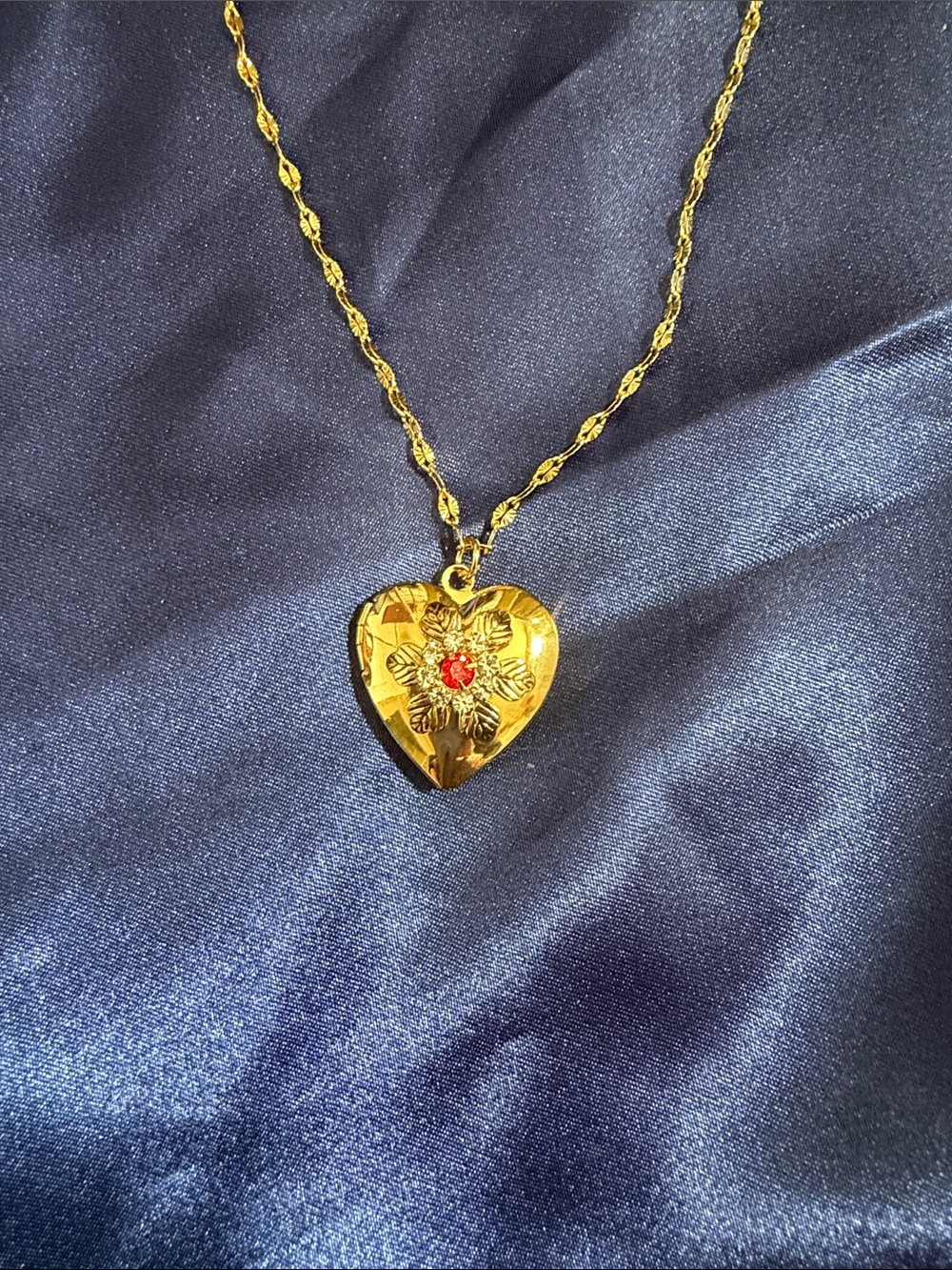 Gold Heart Locket Necklace with Red Accent - Women Jewelry